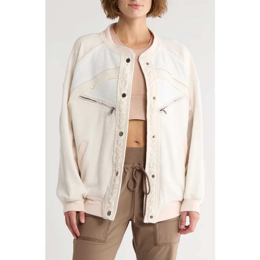 Free People Movement Mixed Media Bomber Jacket Cream Ivory Paneled Women L